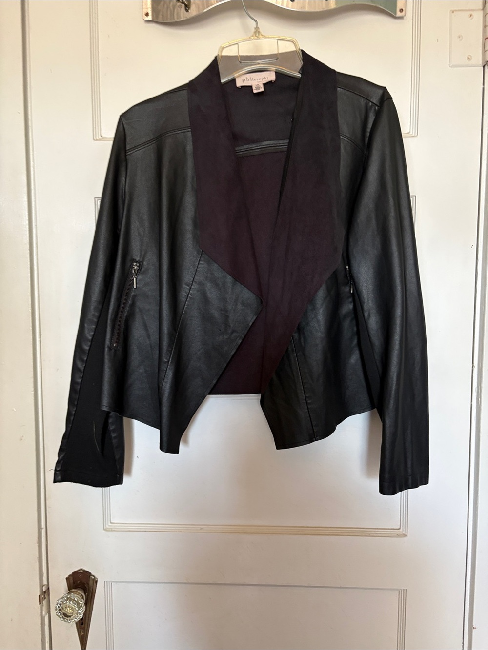 Philosophy Black Faux Leather Jacket with Draped Front Size L